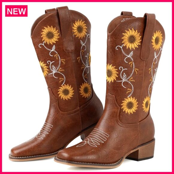 Square Toe Cowboy Boots with Sunflower Embroidery Chunky Heel Mid Calf - Picture 5 of 6